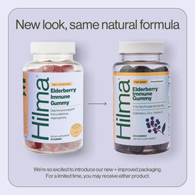 Gummies au sureau Hilma avec ingrédients naturels sur fond blanc