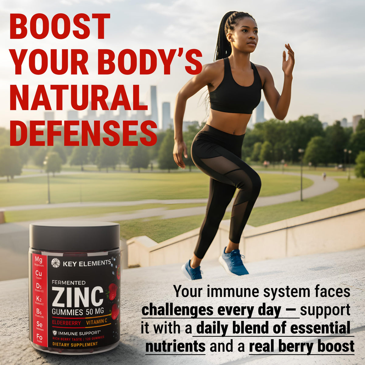 Gummies au Zinc 50mg KEY ELEMENTS avec une main tenant un gummy
