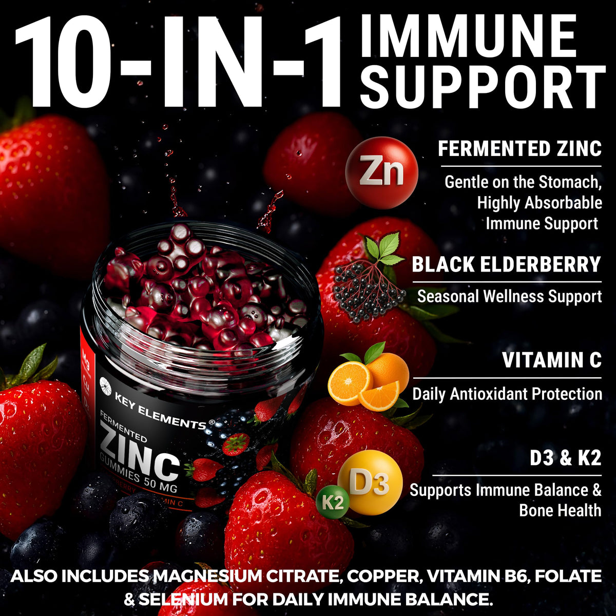 Gummies au Zinc 50mg KEY ELEMENTS montrant les gummies de couleur fraise et sureau