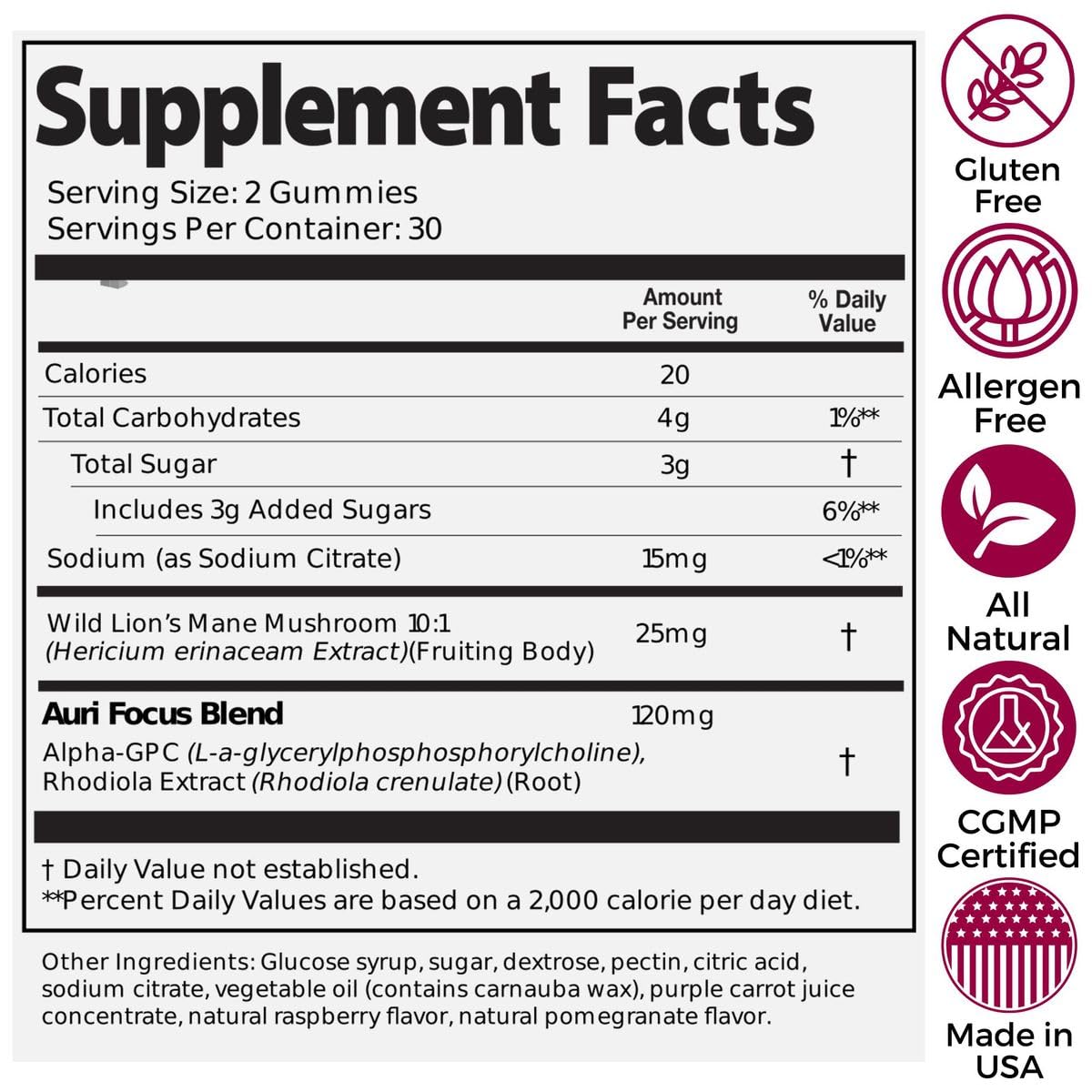 Gummies Auri aux champignons superfood, étiquette du produit