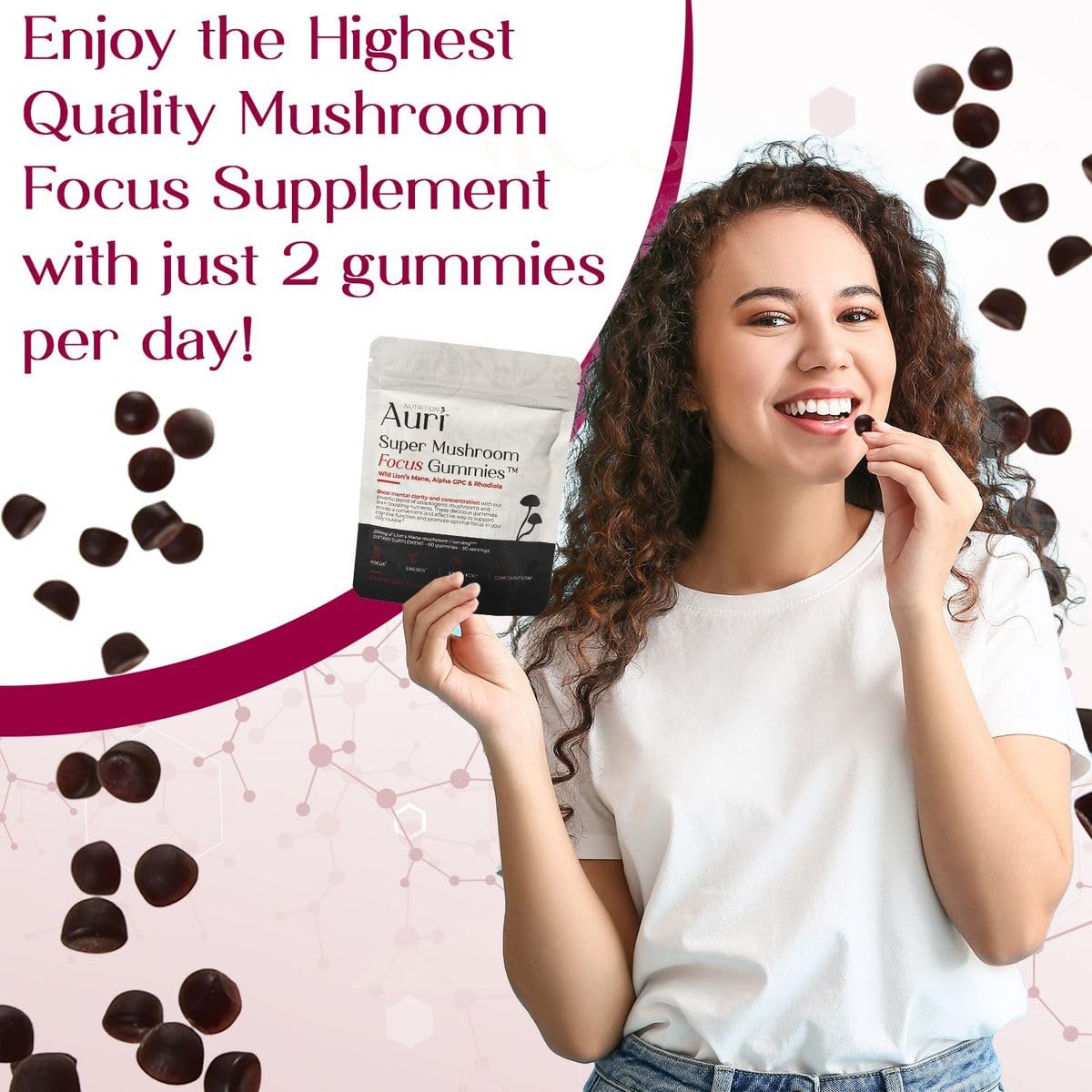 Gummies Auri aux champignons superfood, format vegan