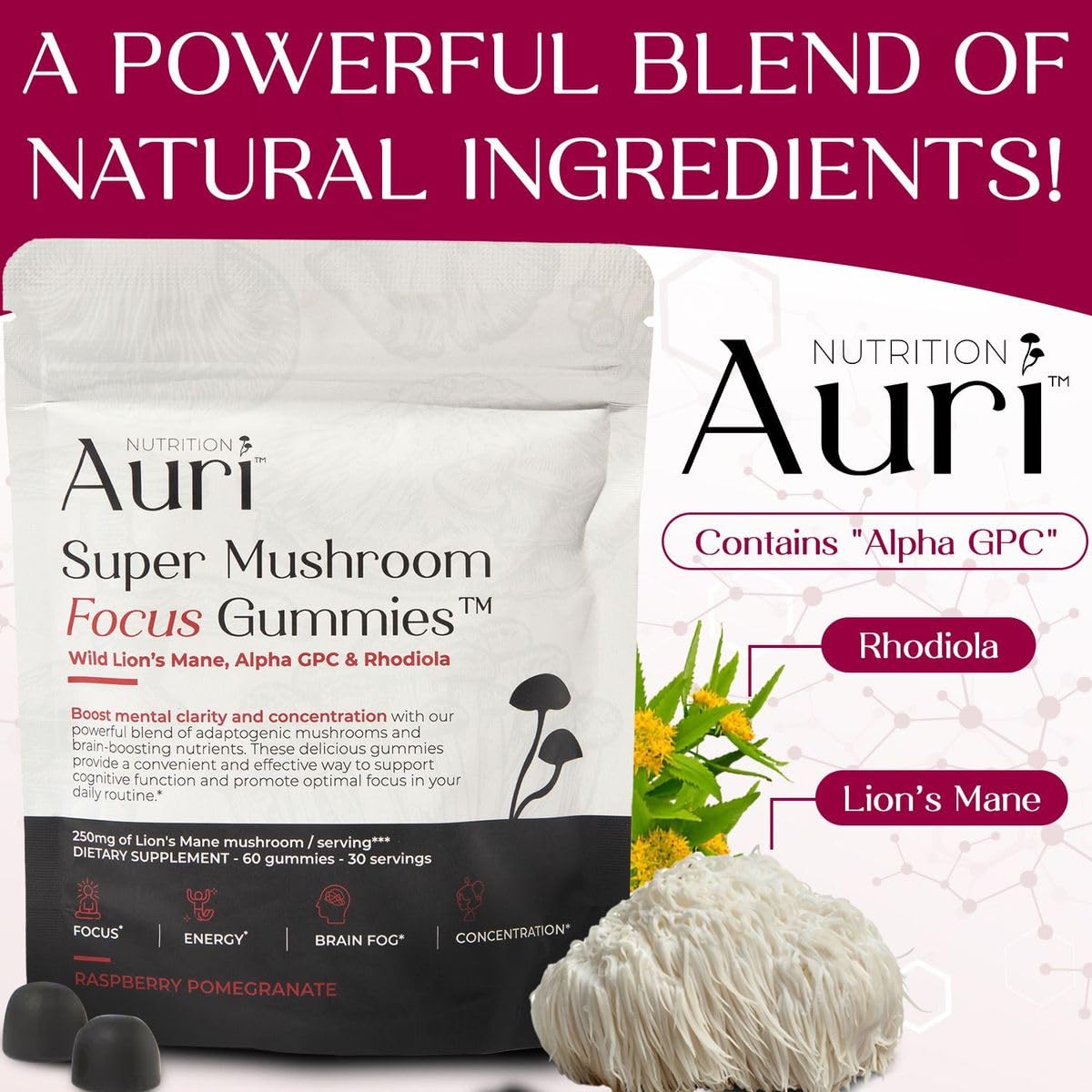 Gummies Auri aux champignons superfood, présentation sur une table