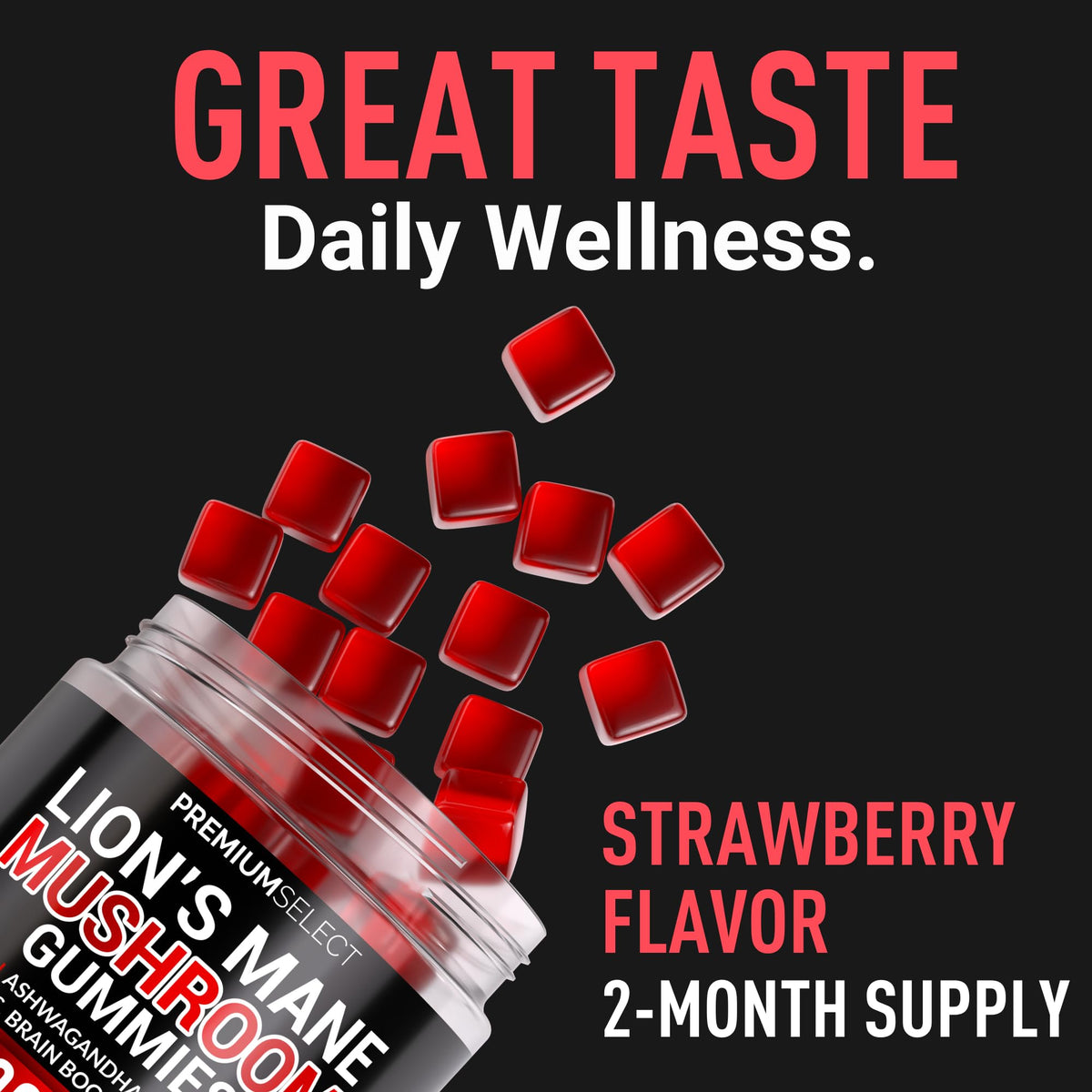 Gummies avec étiquette indiquant 3000mg de Crinière de Lion