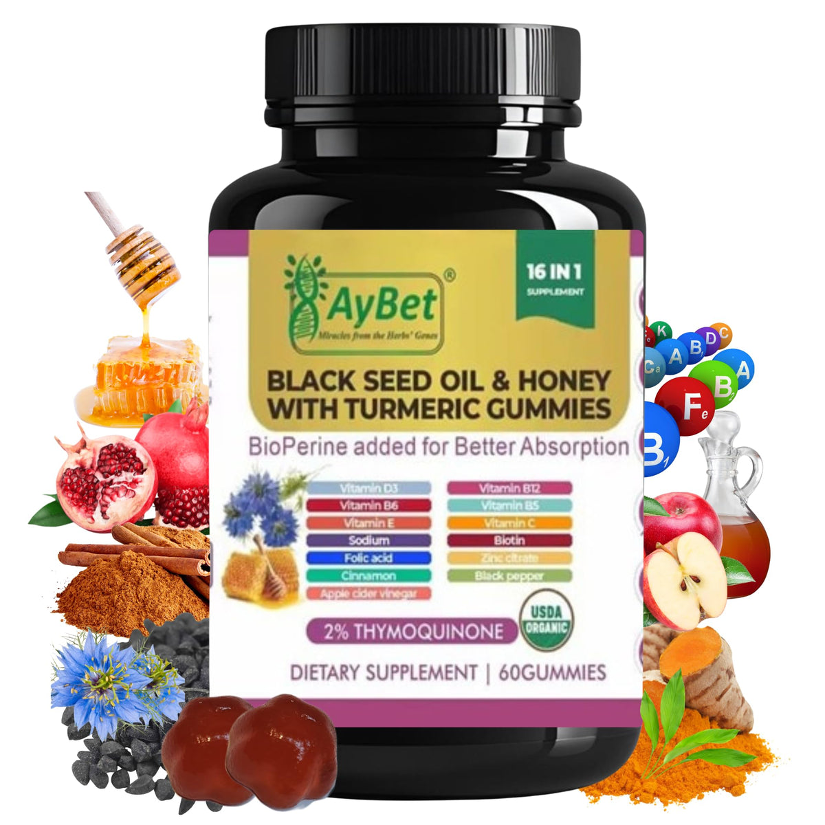 Gummies AyBet à l'huile de nigelle et miel avec curcuma, vue de face