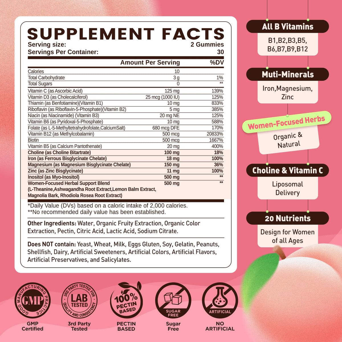 Gummies B Complex duwhot avec étiquette détaillant les ingrédients