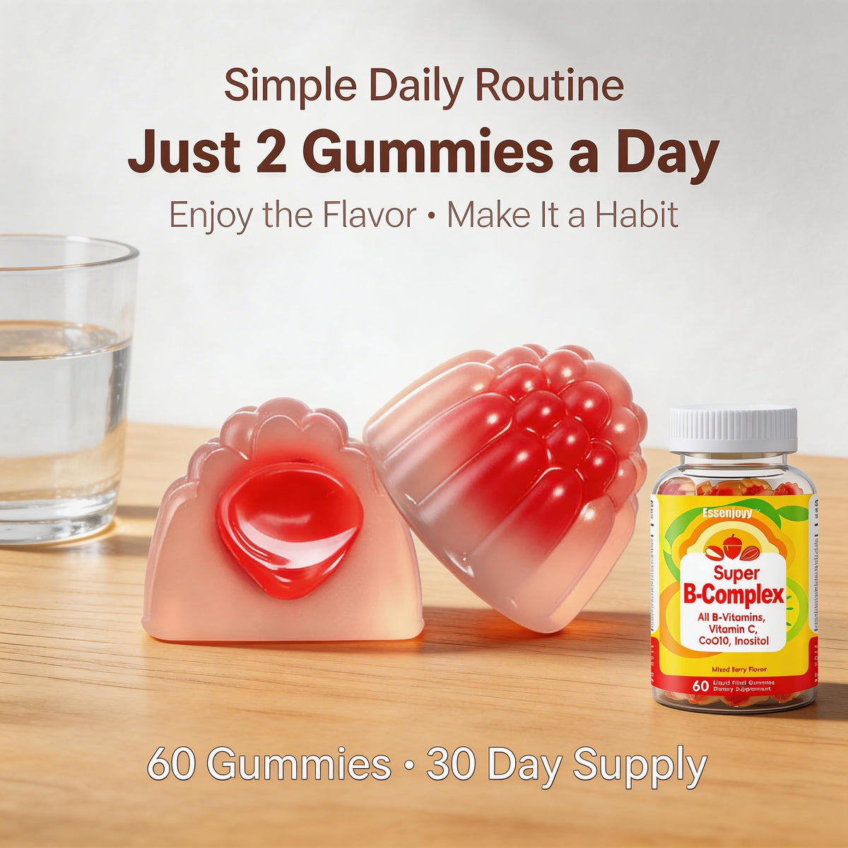Gummies B Complex ESSENJOYY en présentation sur une table