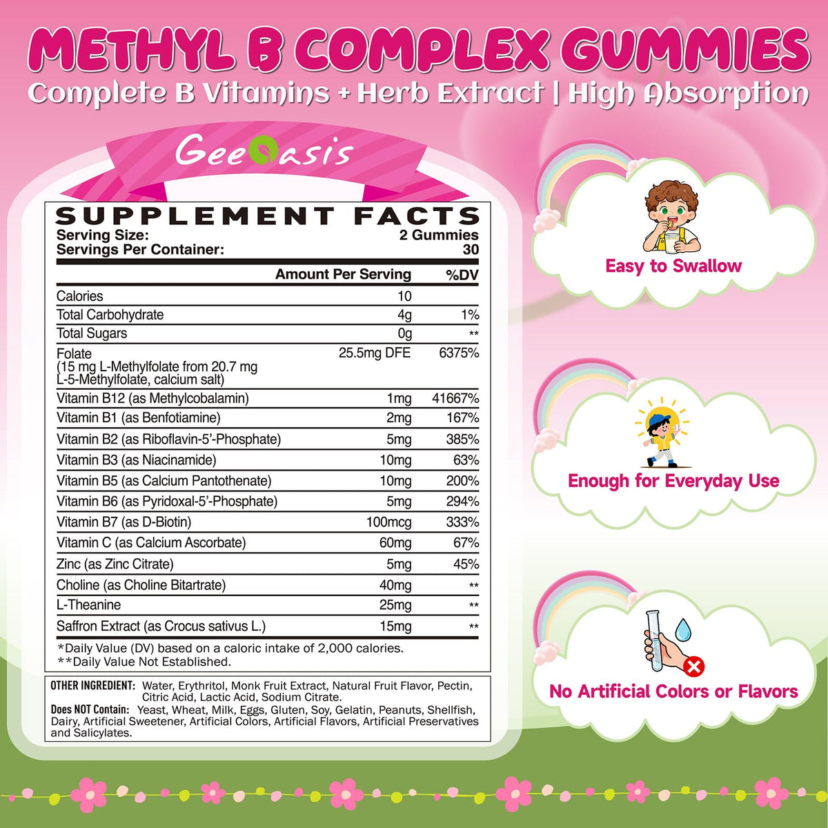 Gummies B Complex Methylé Geeoasis avec un détail des ingrédients sur l'emballage
