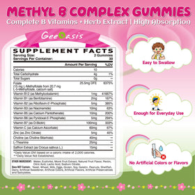 Gummies B Complex Methylé Geeoasis avec un détail des ingrédients sur l'emballage