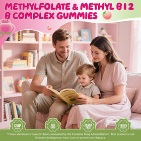 Gummies B Complex Methylé Geeoasis présentées sur une table avec des accessoires