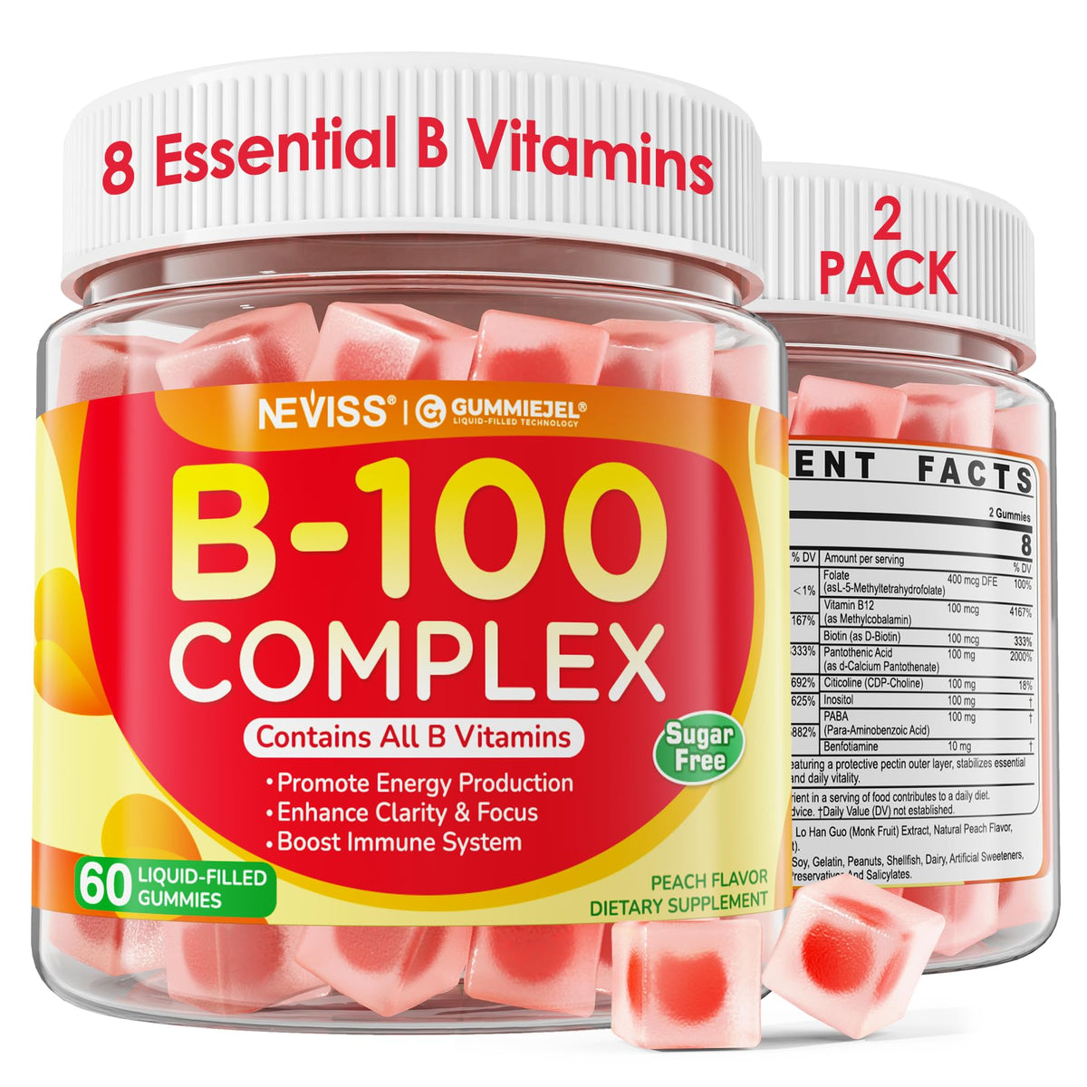 Gummies B Complex Methylés NEVISS paquet avant avec fruits