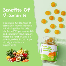 Gummies B-Complex Nature's Key sur une table, présentation avec des fruits