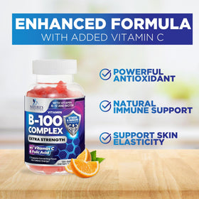 Gummies B Complex Nature's Nutrition, sur une table avec d'autres compléments