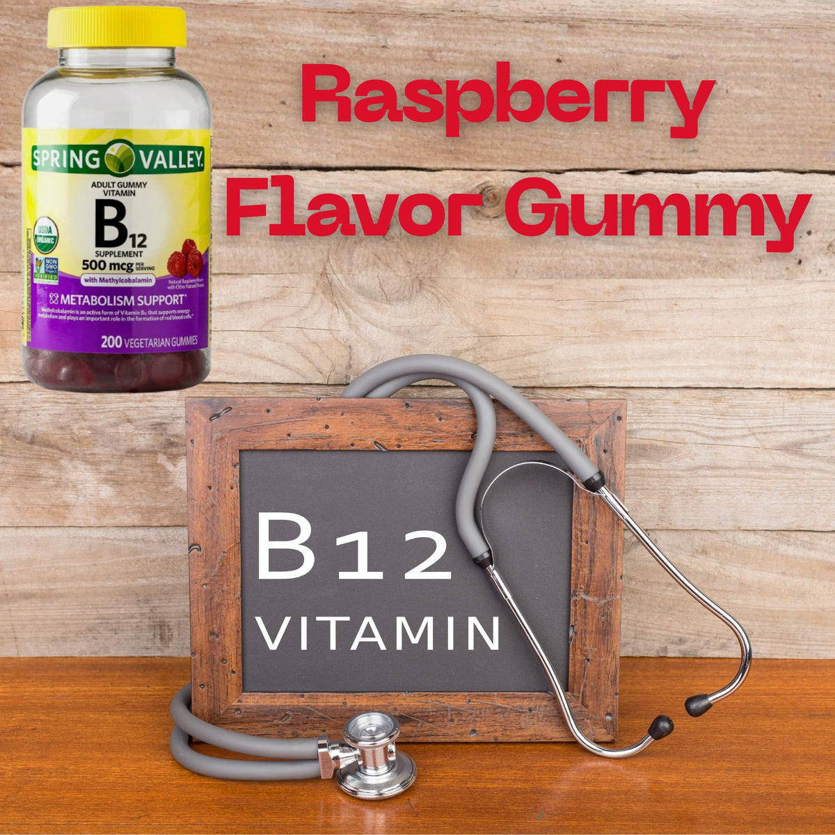 Gummies B12 500 mcg à la framboise ME GUSTA SHOP, avec un sticker Me Gusta