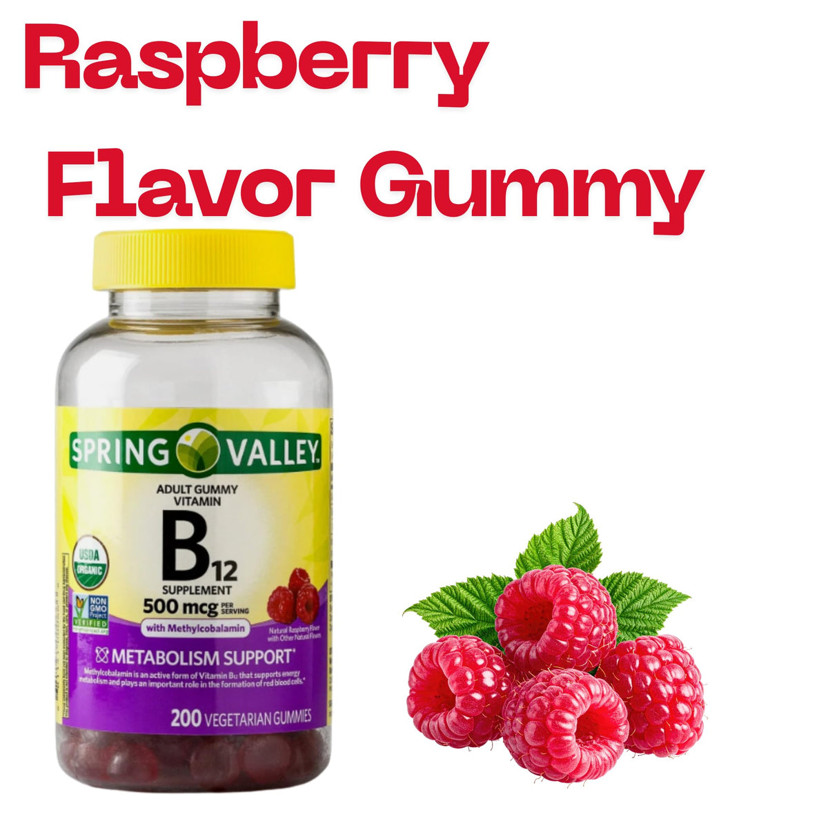 Gummies B12 500 mcg à la framboise ME GUSTA SHOP, côté de l'emballage