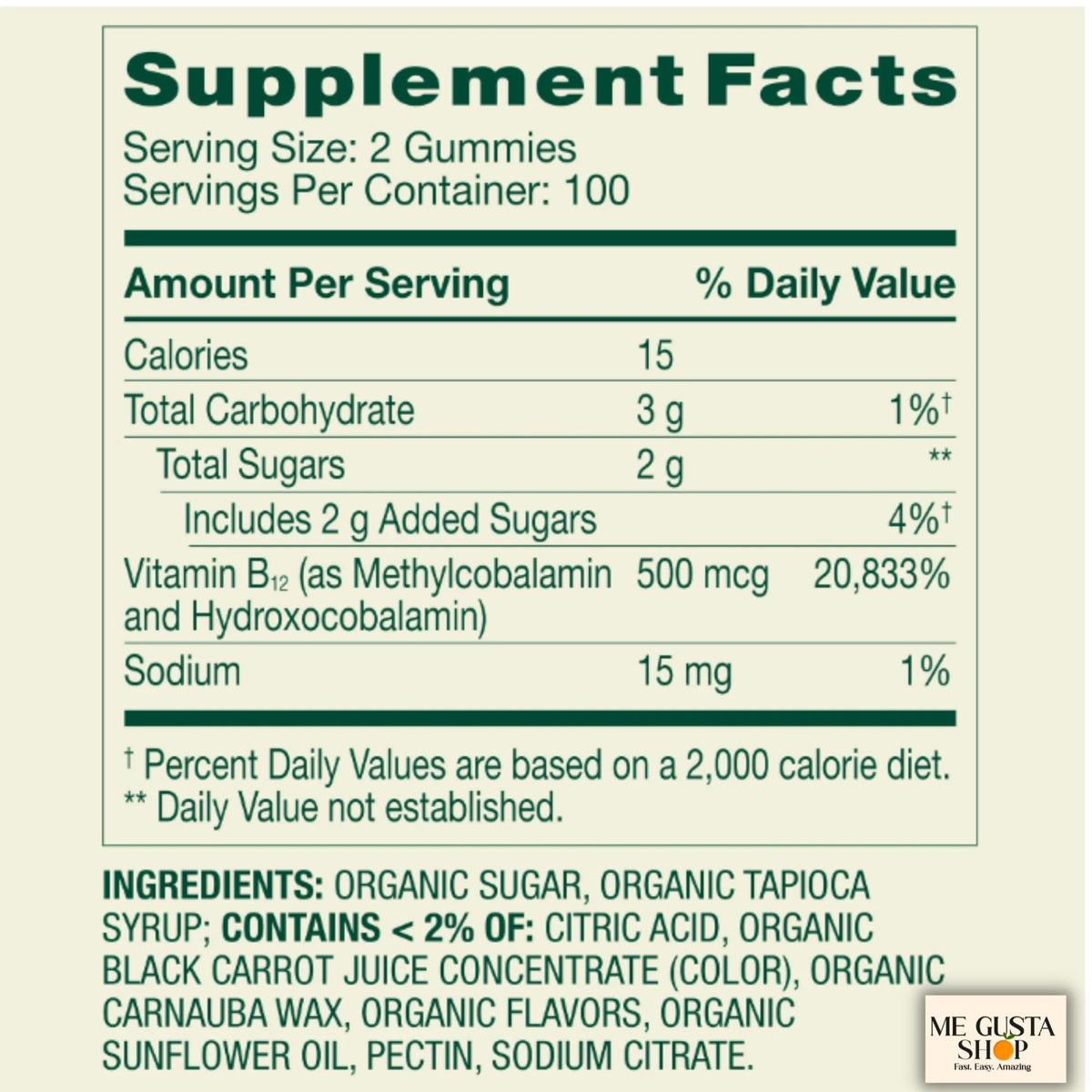 Gummies B12 500 mcg à la framboise ME GUSTA SHOP, emballage