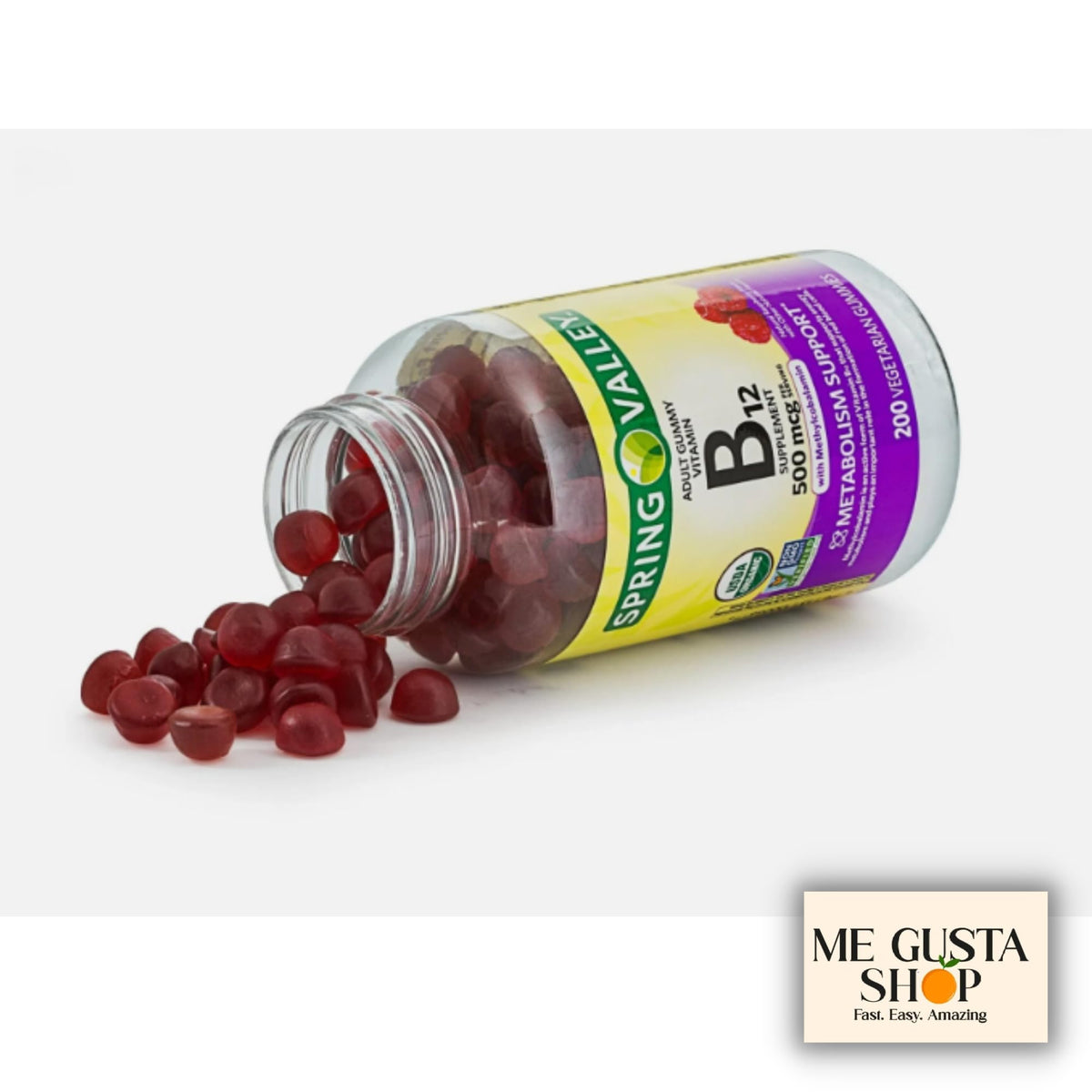 Gummies B12 500 mcg à la framboise ME GUSTA SHOP, prise avec un verre d'eau