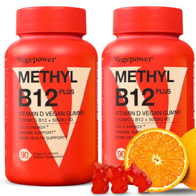 Gummies B12 et D3 VEGEPOWER, 180 oursons au goût orange, vue de face