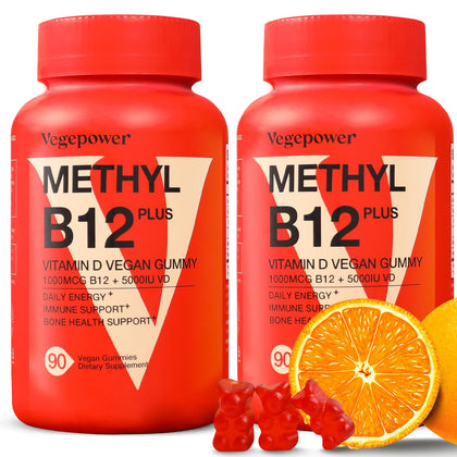 Gummies B12 et D3 VEGEPOWER, 180 oursons au goût orange, vue de face