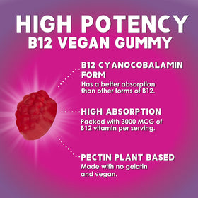 Gummies B12 Nature's Nutrition 3000 mcg à côté d'une main tenant un gummy
