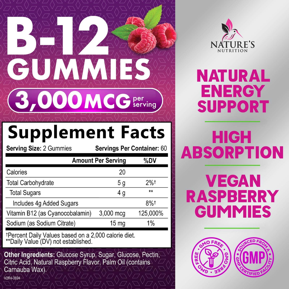 Gummies B12 Nature's Nutrition 3000 mcg arrière avec informations nutritionnelles