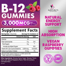 Gummies B12 Nature's Nutrition 3000 mcg arrière avec informations nutritionnelles