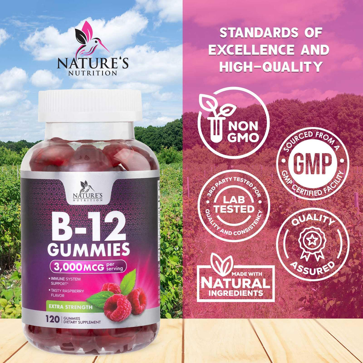 Gummies B12 Nature's Nutrition 3000 mcg sur une table avec d'autres compléments