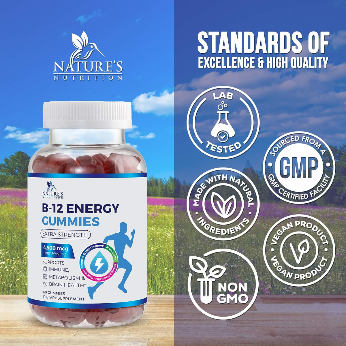 Gummies B12 Nature's Nutrition 4500 mcg gummies in a bowl