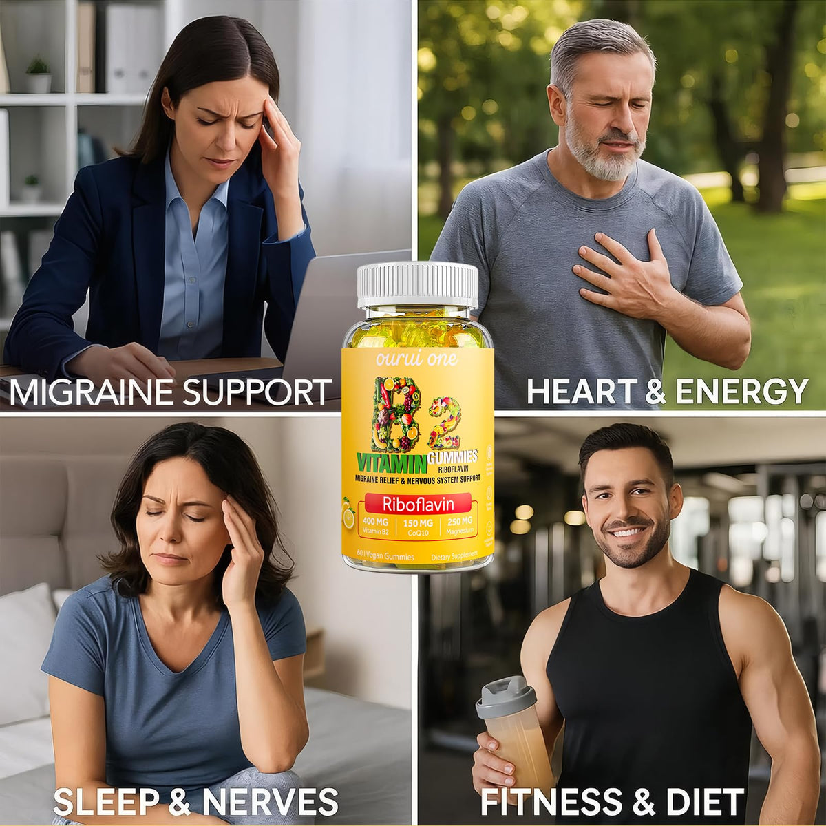 Gummies B2 Vitamine 400mg ourui one avec une main tenant un gummy