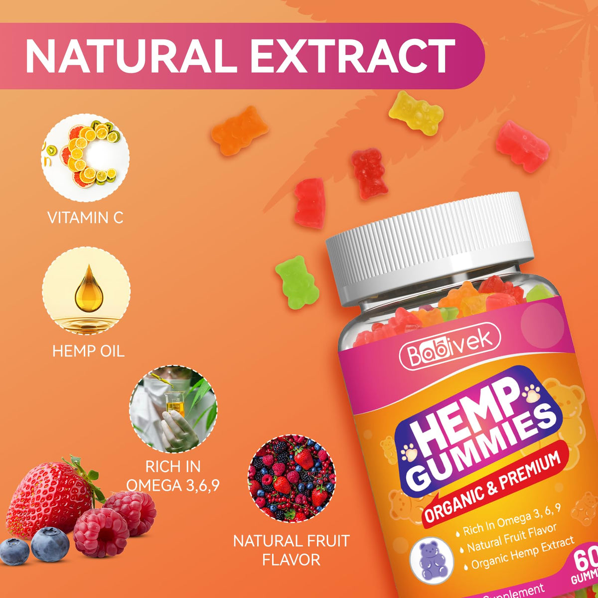 Gummies Babivek à l'huile de chanvre avec vitamine C, présentation sur une table