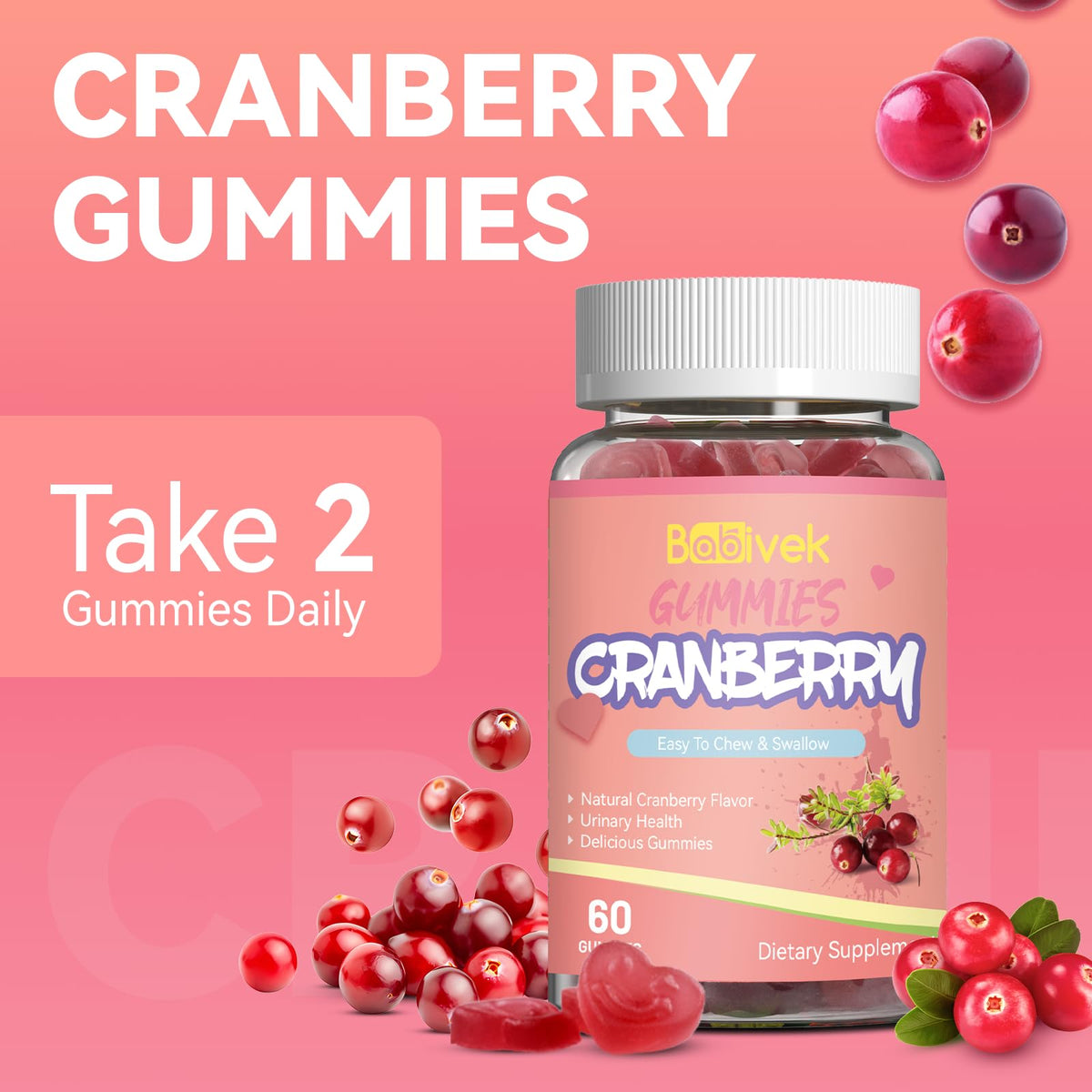 Gummies Babivek à la canneberge sur une table avec des fruits frais