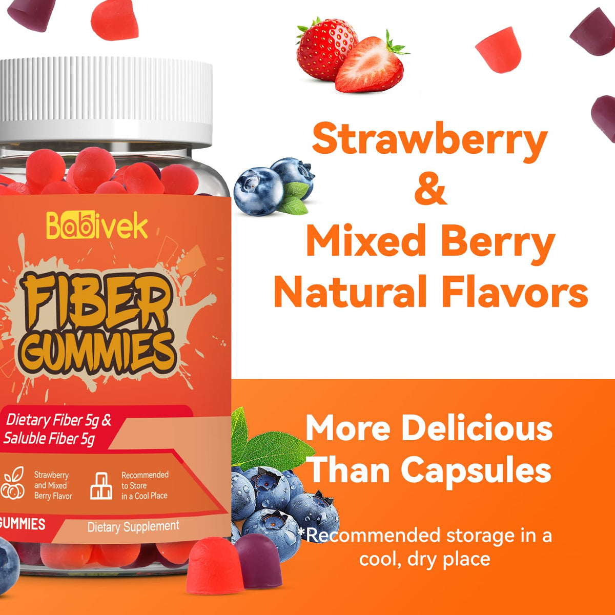 Gummies Babivek avec fruits frais en arrière-plan
