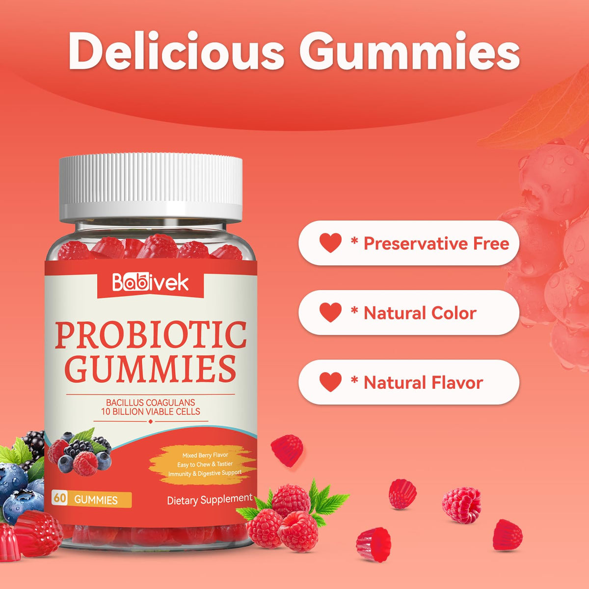 Gummies Babivek avec un fond de fruits