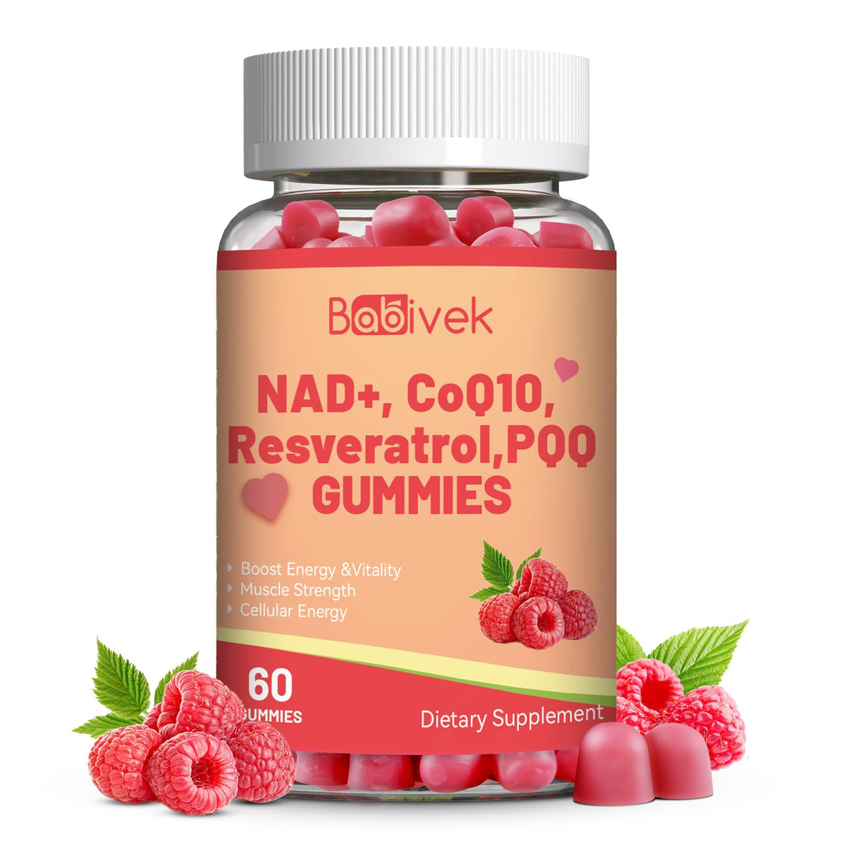 Gummies Babivek NAD+ Resvératrol CoQ10 60ct vue de face avec emballage