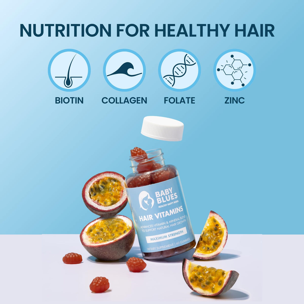 Gummies Baby Blues en présentation, avec des fruits en arrière-plan