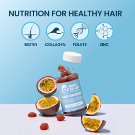 Gummies Baby Blues en présentation, avec des fruits en arrière-plan