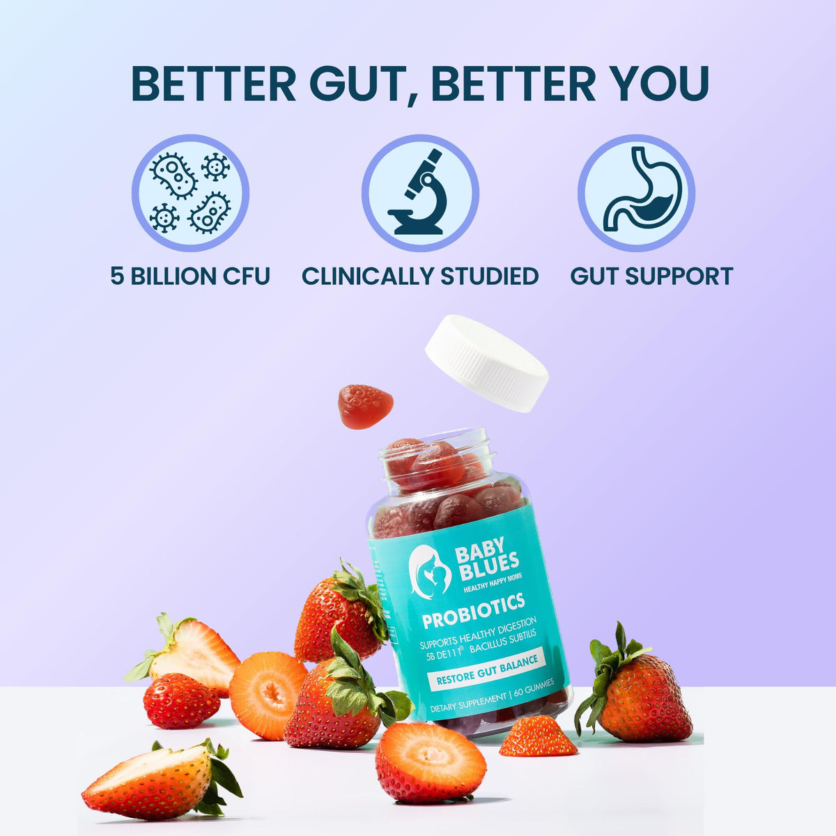 Gummies Baby Blues fraise bio sur une table en bois
