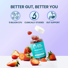 Gummies Baby Blues fraise bio sur une table en bois