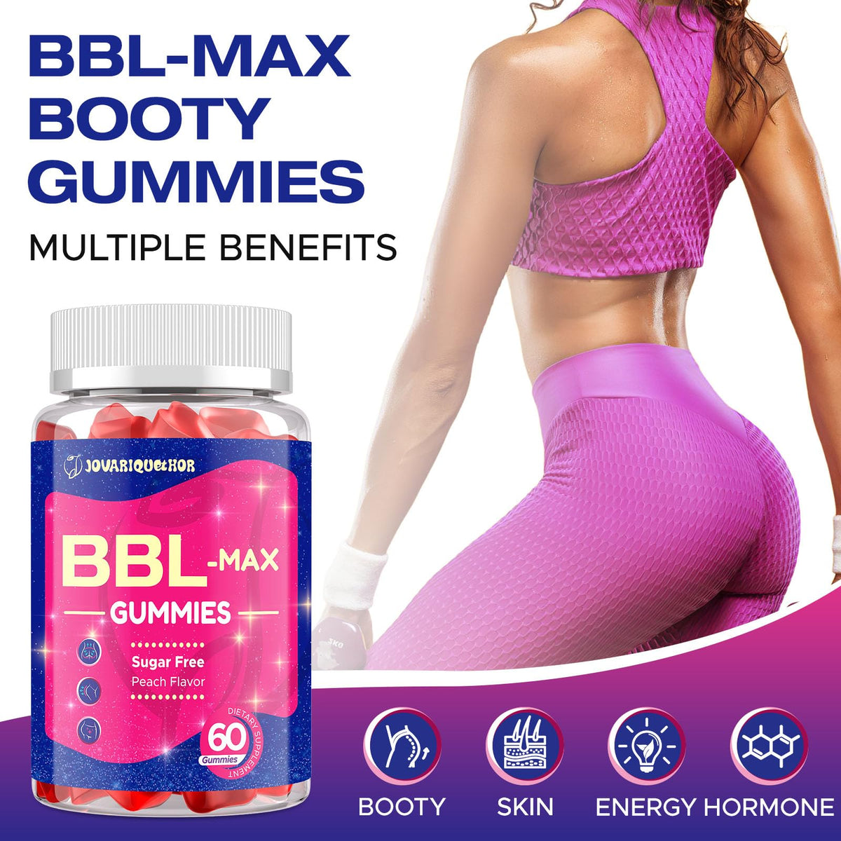 Gummies BBL Jovariquethor, gummies en forme de pêche sur une table