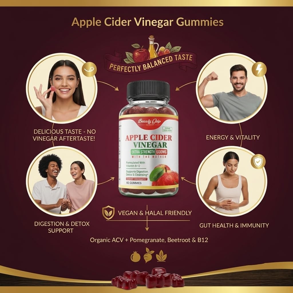 Gummies Beauty Grip au vinaigre de cidre de pomme bio à côté d'une tasse d'eau