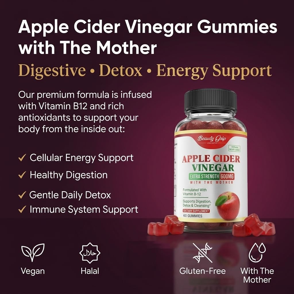 Gummies Beauty Grip au vinaigre de cidre de pomme bio avec des fruits frais en arrière-plan