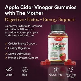 Gummies Beauty Grip au vinaigre de cidre de pomme bio avec des fruits frais en arrière-plan