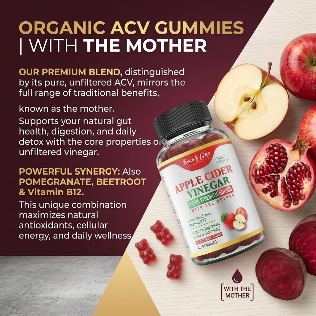 Gummies Beauty Grip au vinaigre de cidre de pomme bio avec une prise de vue en gros plan