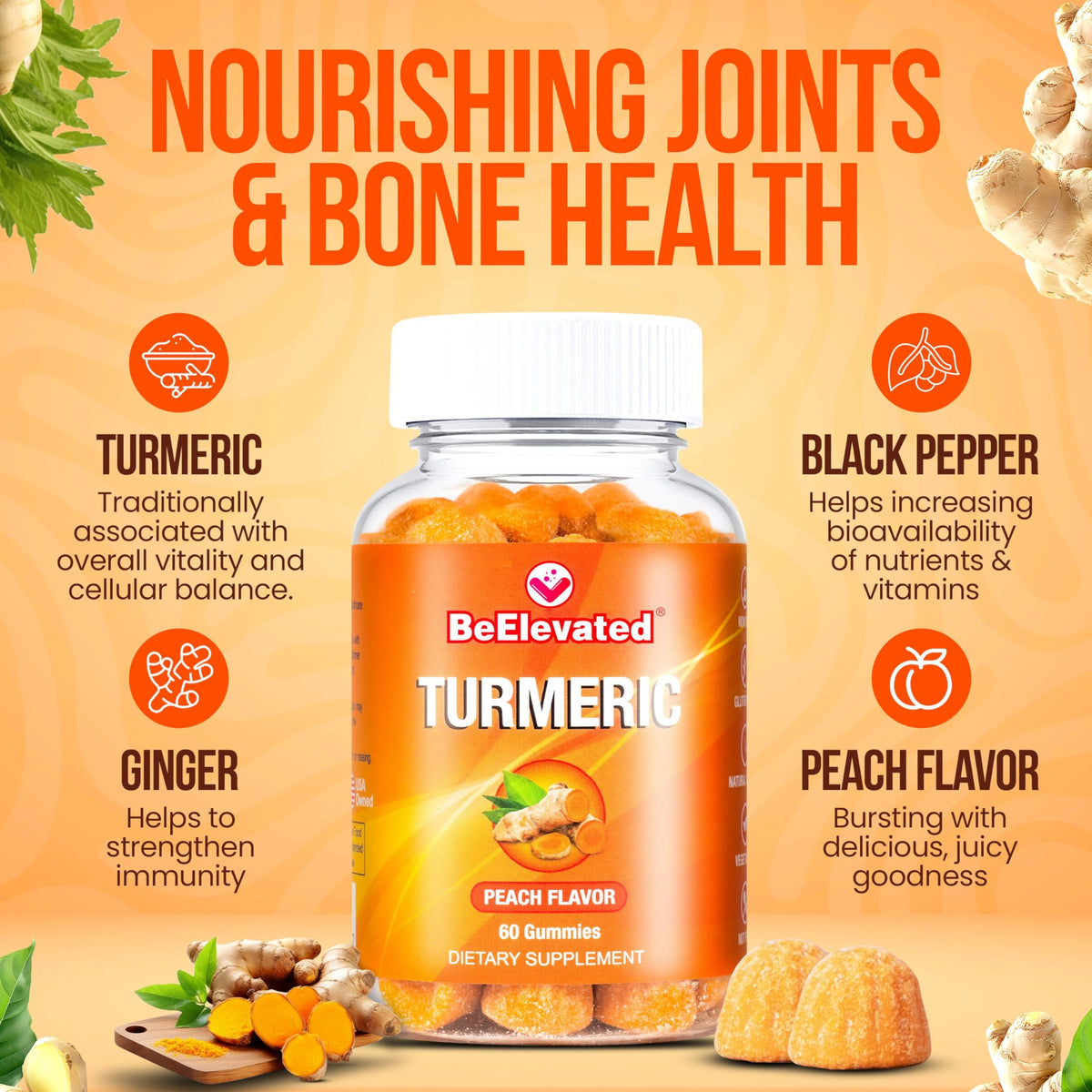 Gummies BeElevated au curcuma et gingembre, présentation des gummies