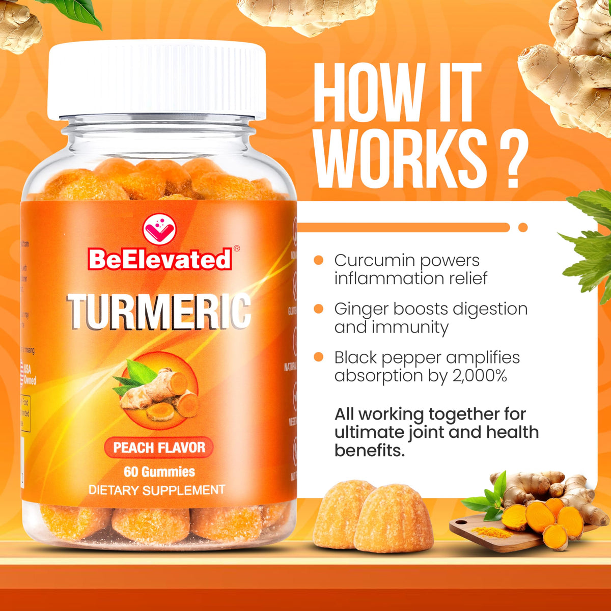 Gummies BeElevated sur une table avec fruits frais