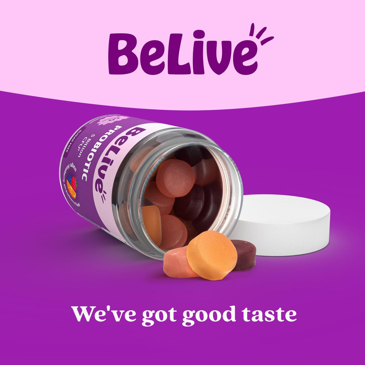 Gummies BeLive avec des fruits en arrière-plan