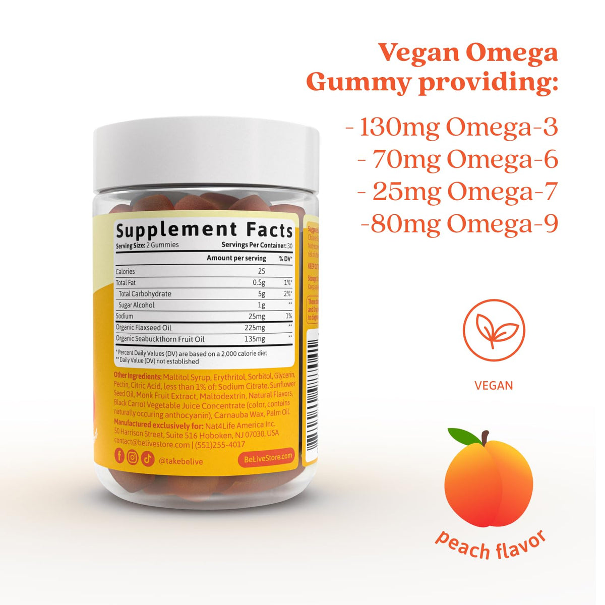 Gummies BeLive Omega 3 6 7 & 9 avec un goût fruité