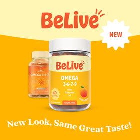 Gummies BeLive Omega 3 6 7 & 9 sur une table en bois
