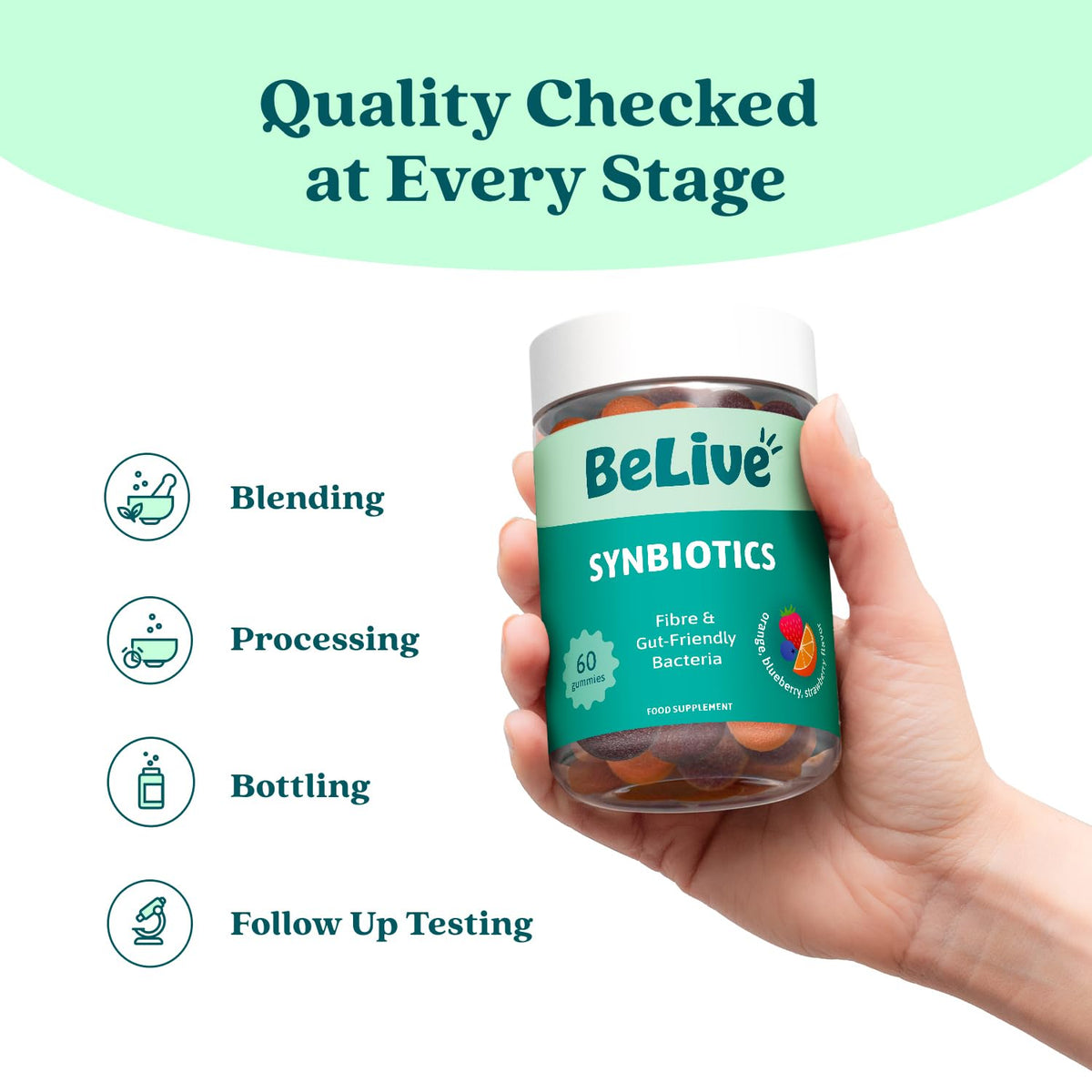 Gummies BeLive Probiotiques et Prébiotiques avec une main tenant le produit
