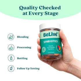 Gummies BeLive Probiotiques et Prébiotiques avec une main tenant le produit
