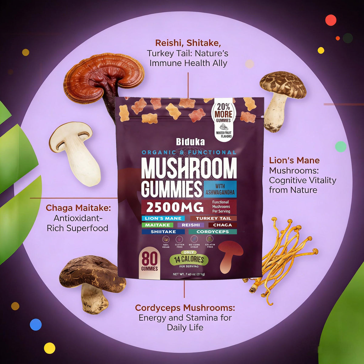 Gummies Biduka avec Ashwagandha en gros plan